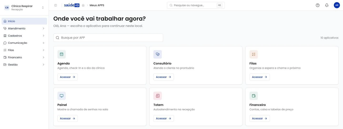 Tela inicial do saúdeHD com os aplicativos Agenda, Consultório, Filas, Painel, Totem e Financeiro