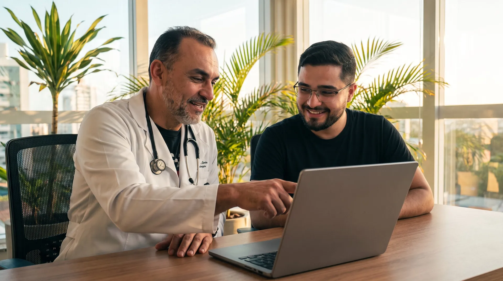 Dr. Elano Castro e Pedro Pontes trabalham juntos diante de um notebook