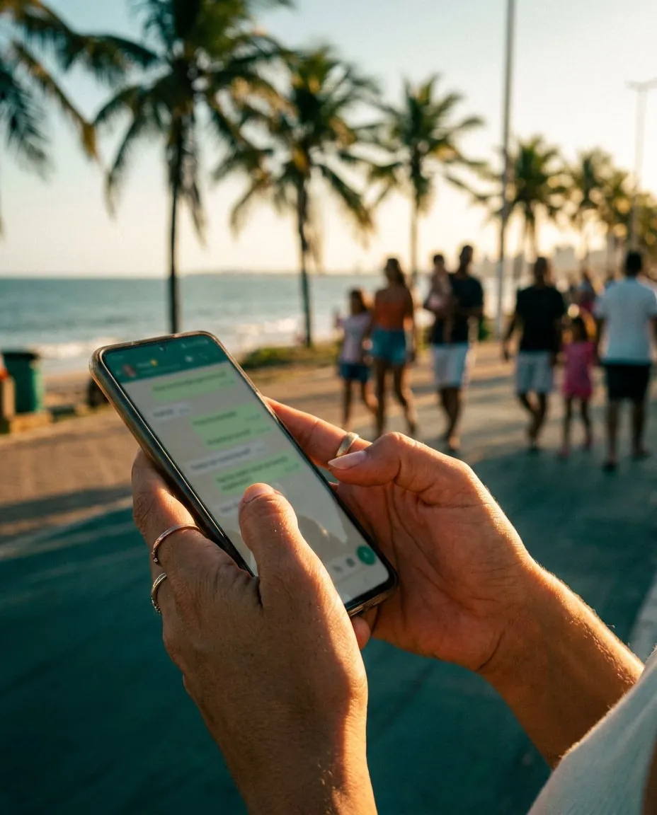 Mãos seguram um celular com uma conversa aberta, na orla de Fortaleza ao pôr do sol